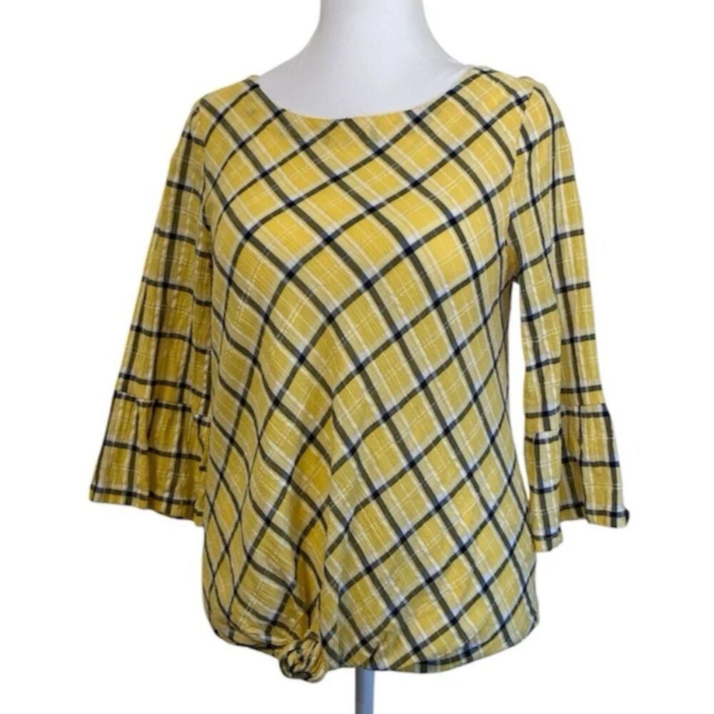 Rafaella Yellow Plaid 100% Cotton Crinkle Women's Top Size M Knot Bottom Blouse
